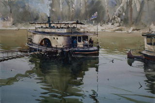 A Watercolour artwork by Chan Dissanayake in the Impressionist style  depicting River Boats and Rural with main colour being Black Blue and Green and titled Paddle-Steamers-Echuca VIC