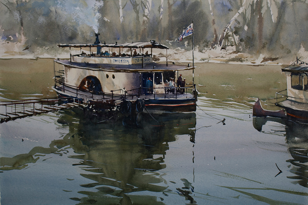 Watercolour Painting by Chan Dissanayake titled Paddle-Steamers-Echuca VIC