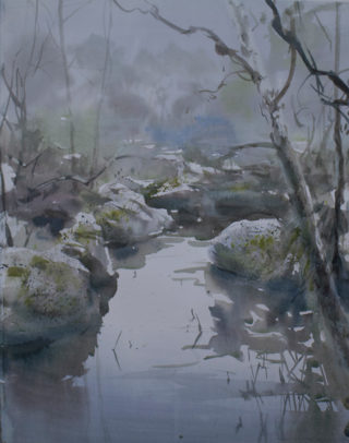 A Watercolour artwork by Chan Dissanayake in the Impressionist style  depicting River with main colour being Blue Green and Grey and titled Rock pool