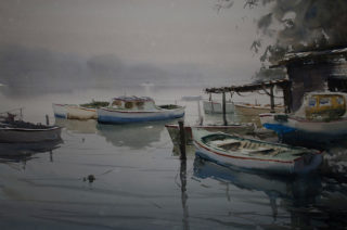 A Watercolour artwork by Chan Dissanayake in the Impressionist style  depicting Boats and River with main colour being Blue and Grey and titled Misty Boats