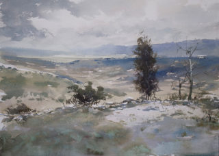 A Watercolour painting by Chan Dissanayake in the Impressionist style  depicting Landscape Bush Hills and Mountains with main colour being Blue and White and titled View From Namadgi National Park ACT_