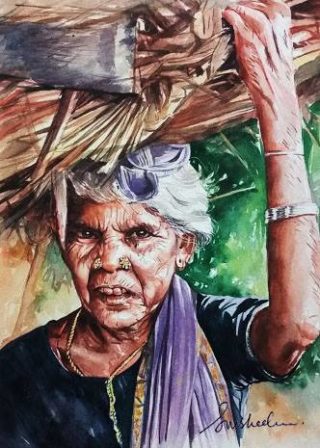 A Watercolour painting by Susheela Giri in the Contemporary Realist style  depicting Portrait People Trees and Tropical with main colour being Brown Green and Ochre and titled Hardship