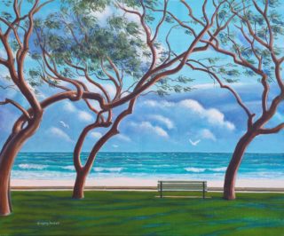 An Acrylic painting by Gregory Pastoll in the Realist style  depicting Beach Sea and Trees with main colour being Blue Brown and Green and titled City beach in Winter