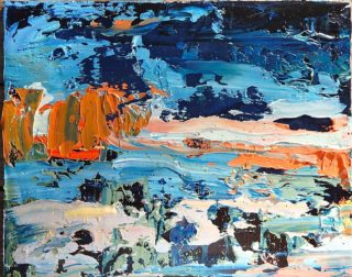 An Oil painting by Jeanette Prout in the Abstract Expressionist style  depicting Landscape Beach Bush and Mountains with main colour being Blue Green and Orange and titled Jervis Bay 3