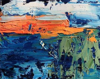 An Oil painting by Jeanette Prout in the Abstract Expressionist style  depicting Landscape Beach Bush and Mountains with main colour being Blue Orange and White and titled Jervis Bay 1