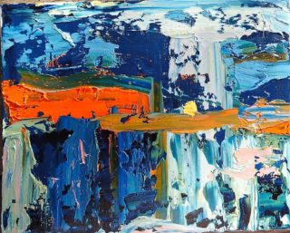 An Oil painting by Jeanette Prout in the Abstract Expressionist style  depicting Landscape Beach Bush and Hills with main colour being Blue Green and Orange and titled Jervis Bay 2