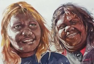 A Watercolour painting by Susheela Giri in the Contemporary Realist style  depicting People Girl and Rural with main colour being Blue Brown and Gold and titled "Powerful"