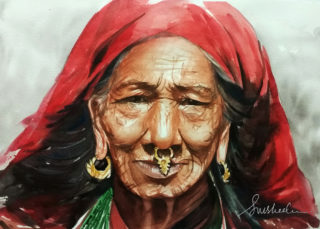 A Watercolour painting by Susheela Giri in the Contemporary Realist style  depicting Portrait People Rural and Woman with main colour being Black Brown and Ochre and titled Strong