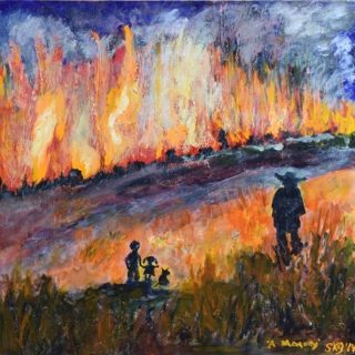An Acrylic painting by Sonja Keldor-Gudiksen depicting Landscape Fire with main colour being Black Blue and Orange and titled The Cane Fire, A Memory