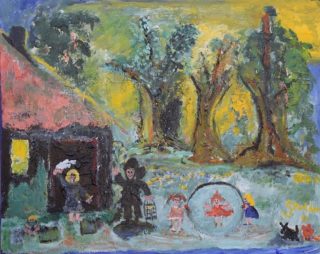 An Acrylic painting by Sonja Keldor-Gudiksen Children and Trees with main colour being Blue Green and Pink and titled Coal Miners Farewell