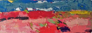 An Acrylic painting by Jeanette Prout in the Abstract Expressionist style  depicting Landscape Bush Desert and Hills with main colour being Blue Orange and Pink and titled Outback from Broken Hill