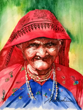 A Watercolour painting by Susheela Giri in the Contemporary Realist style  depicting Portrait People Rural and Woman with main colour being Blue Green and Red and titled "Cheerful"