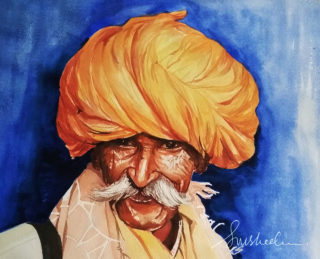 A Watercolour painting by Susheela Giri in the Contemporary Realist style  depicting People Man and Rural with main colour being Blue Brown and Gold and titled "Chieftain"