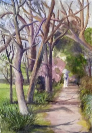 A Watercolour painting by Les Mortimer depicting Landscape Trees and Woman with main colour being Blue Green and Grey and titled Through the Trees