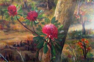 A Watercolour painting by Les Mortimer depicting Flowers with main colour being Brown Green and Red and titled Waratahs 3