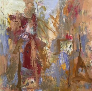 A Mixed Media painting by Rhonda Campbell in the Abstract style  with main colour being Blue Pink and Red and titled Paperbark Swamp
