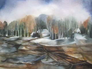 A Watercolour painting by Nayela Humayra depicting Trees with main colour being Black Brown and Grey and titled Winter and nature