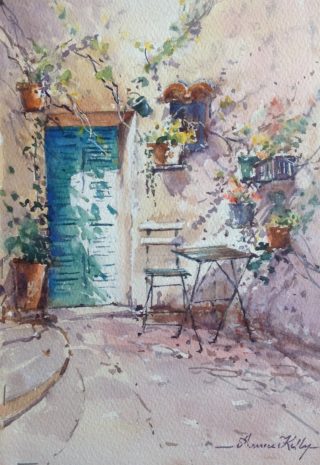 A Watercolour painting by Annee Kelly in the Impressionist style  depicting Buildings with main colour being Blue Cream and Grey and titled Courtyard with Green Door, South of France