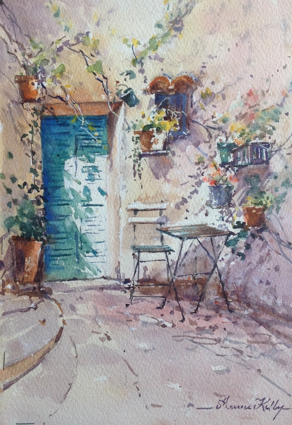 Watercolour Painting by Annee Kelly titled Courtyard with Green Door, South of France