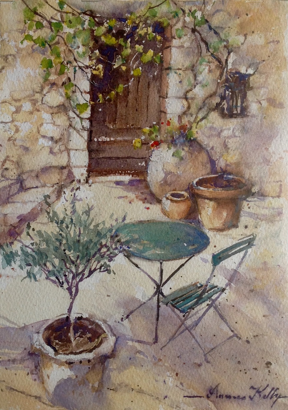 Watercolour Painting by Annee Kelly titled Courtyard with Brown Door, South of France