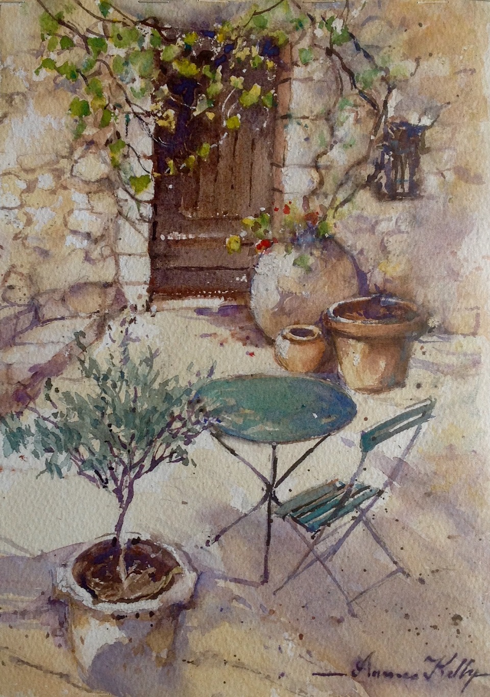 Acrylic Painting by Annee Kelly titled Courtyard with Brown Door, South of France