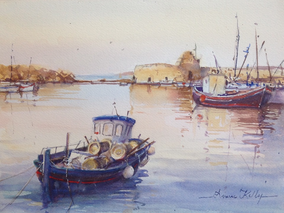 Acrylic Painting by Annee Kelly titled Fishing Boat, Paros, Greece