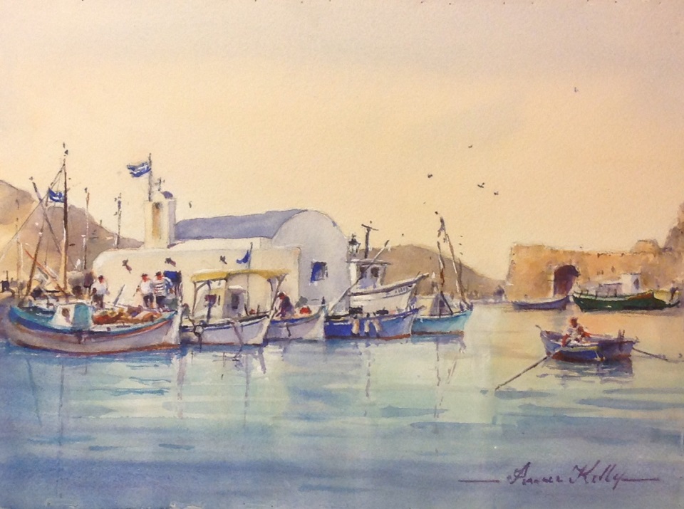 Acrylic Painting by Annee Kelly titled Small Fishing Port, Paros, Greece