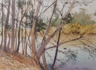 A Watercolour painting by Annee Kelly depicting Landscape River Trees and Water with main colour being Blue Ochre and Olive and titled Quiet morning