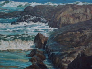 An Acrylic painting by John Duncan depicting Beach Rocks and Sea and titled D'Entrecasteaux