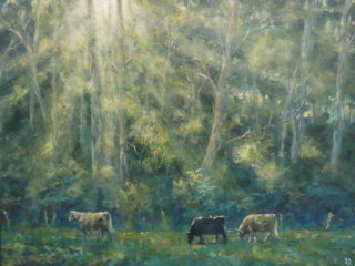 An Acrylic painting by John Duncan depicting Landscape Animals Bush and Farmland and titled Cow Paddock