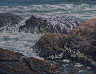 An Acrylic painting by John Duncan depicting Beach Rocks and Water and titled Rock Pool