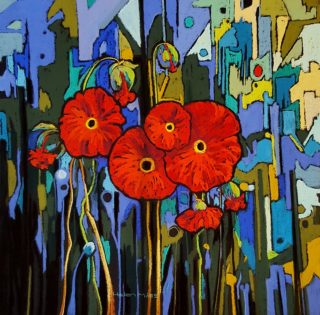 A Pastel painting by Helen Miles depicting Flowers with main colour being Blue Purple and Red and titled Red Rendition