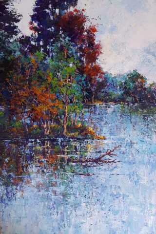 An Acrylic painting by Helen Miles depicting Landscape Lake and Trees with main colour being Blue Brown and Purple and titled A Day At The Lake