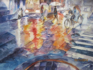 A Watercolour painting by Nayela Humayra in the Realist style  People and Streets with main colour being Blue Red and White and titled Rain in the city