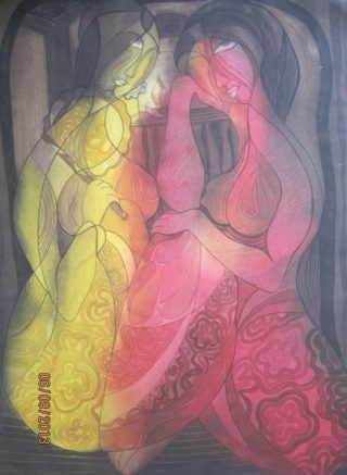 A Watercolour painting by Nayela Humayra in the Impressionist style  depicting Woman with main colour being Grey Pink and Red and titled Sharing reality