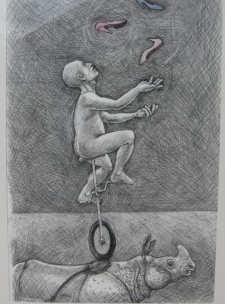 A Pencil painting by Richard Byrnes Animals and Man with main colour being Grey and titled Drawing 1