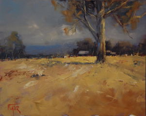An Oil painting by Heinz Fickler in the Realist Impressionist style  depicting Landscape Rural and titled Paddock Guardian