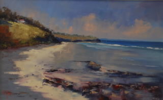 An Oil painting by Heinz Fickler in the Realist Impressionist style  depicting Seascape Beach and titled Towards Shoreham ( Vic )