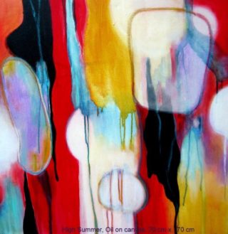 An Oil painting by Jennifer Gowen in the Abstract style  with main colour being Black Blue and Red and titled High Summer
