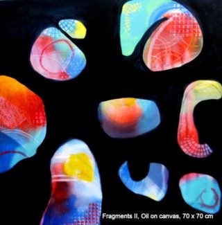 An Oil painting by Jennifer Gowen in the Abstract style  with main colour being Black Blue and Red and titled Fragments 11