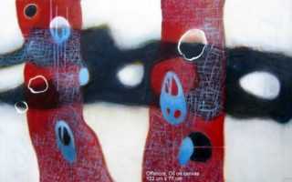 An Oil painting by Jennifer Gowen in the Abstract style  with main colour being Black Red and White and titled Offshore
