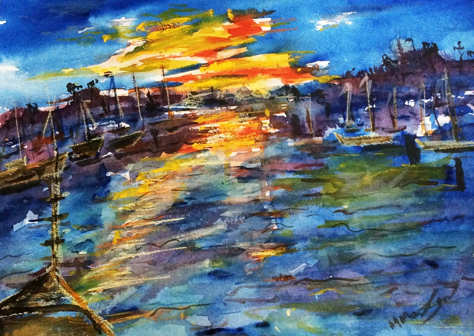 Watercolour Painting by Margaret Morgan Watkins titled The Breaking of Dawn at the Yamba Marina 2