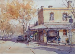 A Watercolour artwork by Annee Kelly in the Impressionist style  depicting Landscape Buildings and Streets with main colour being Blue Ochre and Orange and titled Autumn afternoon, Carlton, Melbourne