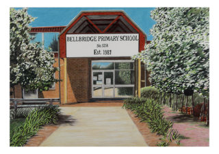 A Coloured Pencils painting by Michelle Ripari in the Realist style  depicting Buildings and titled Bellbridge Primary School