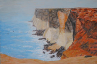 A Mixed Media artwork by Alex Mortensen in the Contemporary Realist style  depicting Seascape Rocks Sea and Water with main colour being Blue Brown and Cream and titled Head of the Bight, S.A.