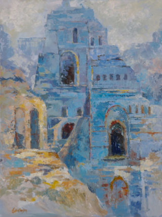 An Acrylic painting by Ekaterina Mortensen in the Abstract Impressionist style  depicting Buildings and City with main colour being Blue and titled Roman Relicts in Blue