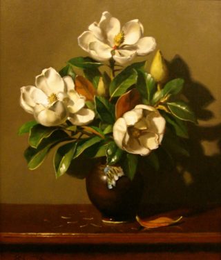 An Oil painting by Gregory R. Smith in the Realist style  depicting Flowers and Vases with main colour being Brown and Cream and titled Grandiflora Aglow