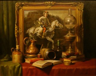 An Oil painting by Gregory R. Smith in the Realist style  depicting Still Life Books Bottles and Candles with main colour being Brown and titled Still Life with Rembrandt’s Polish Rider