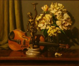 An Oil painting by Gregory R. Smith in the Realist style  depicting Flowers Music and Statue with main colour being Brown Cream and Orange and titled Peace Rose, Cherub & Violin