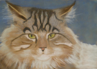 A Pastel painting by Kathleen Bentley in the Realist style  depicting Animals Cats with main colour being Black Blue and Ochre and titled Shasha
